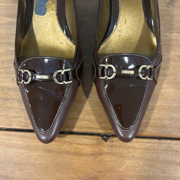 JOAN & DAVID Circa Sz 10 Brown Patent & Leather Gold Accent Pump Career Preppy - Picture 6 of 11